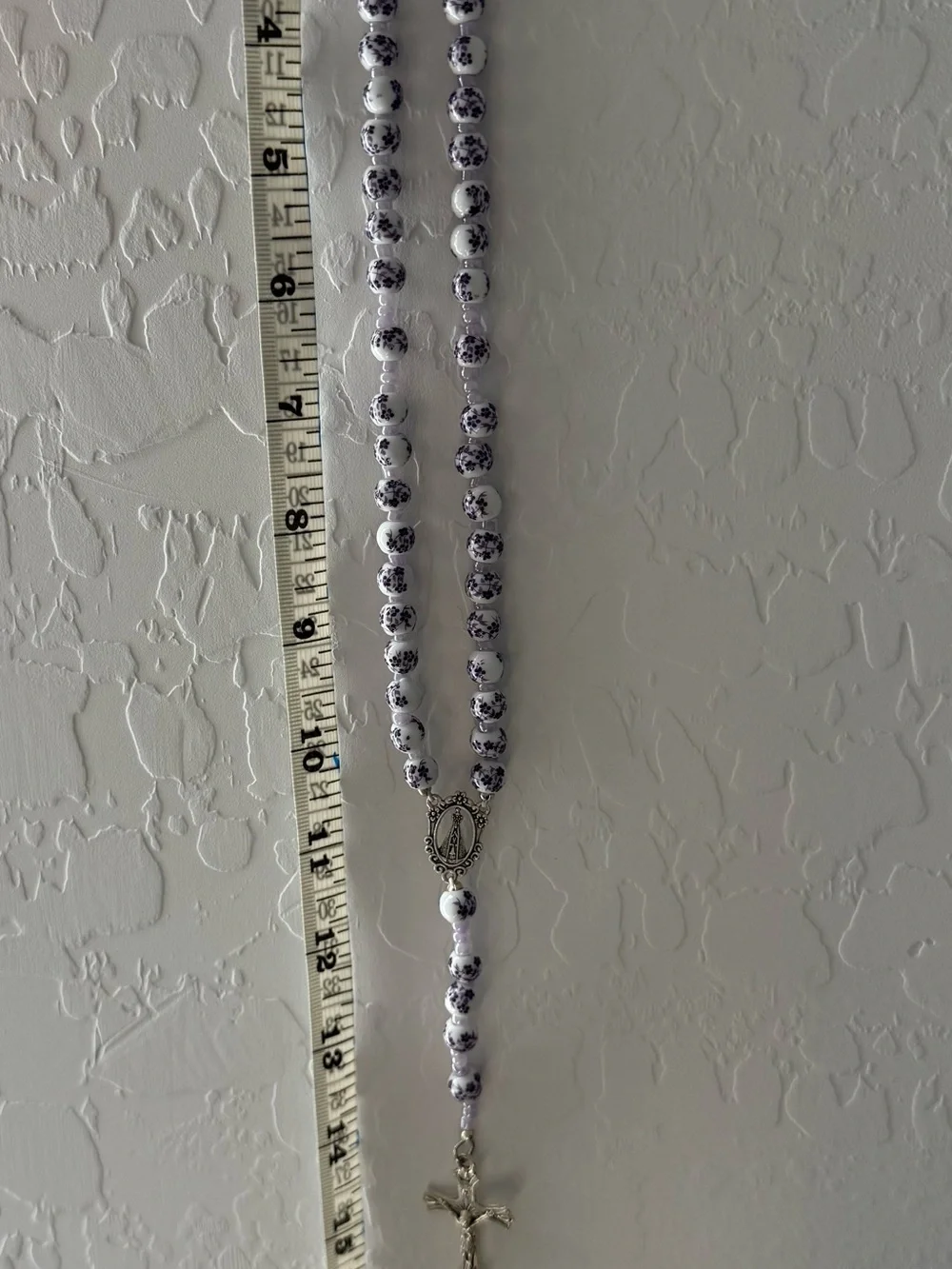 White and Purple Floral Beaded Rosary Necklace with Silver Cross